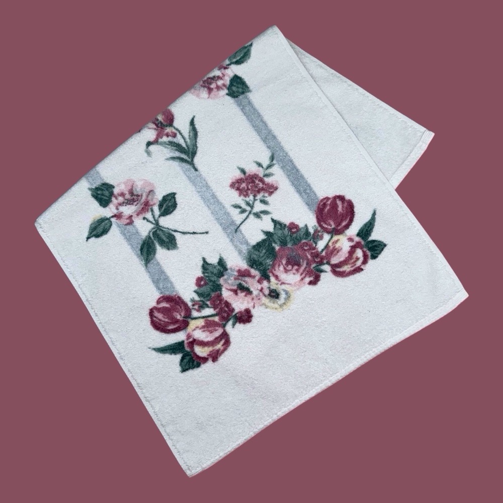 VTG Springmaid Made USA Hand Towel 90s Cottagecore Retro Pink Roses Blue Stripes - Picture 2 of 10